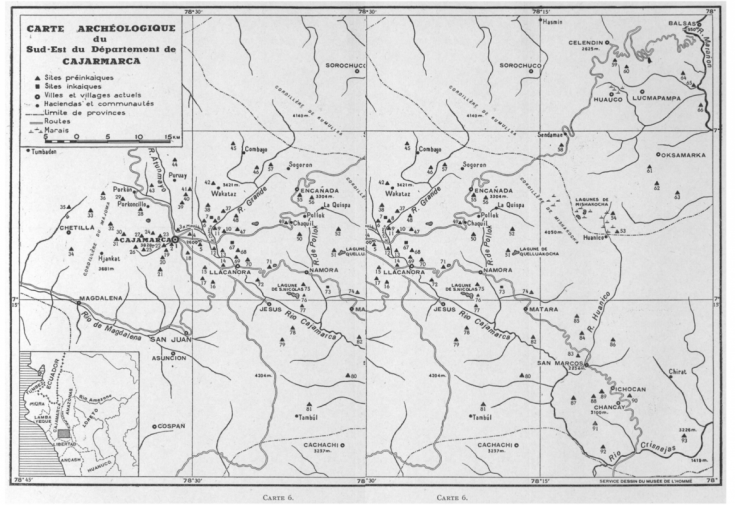 Map of the archaeological sites in the Cajamarca Basin as proposed by Reichlen and Reichlen in 1949